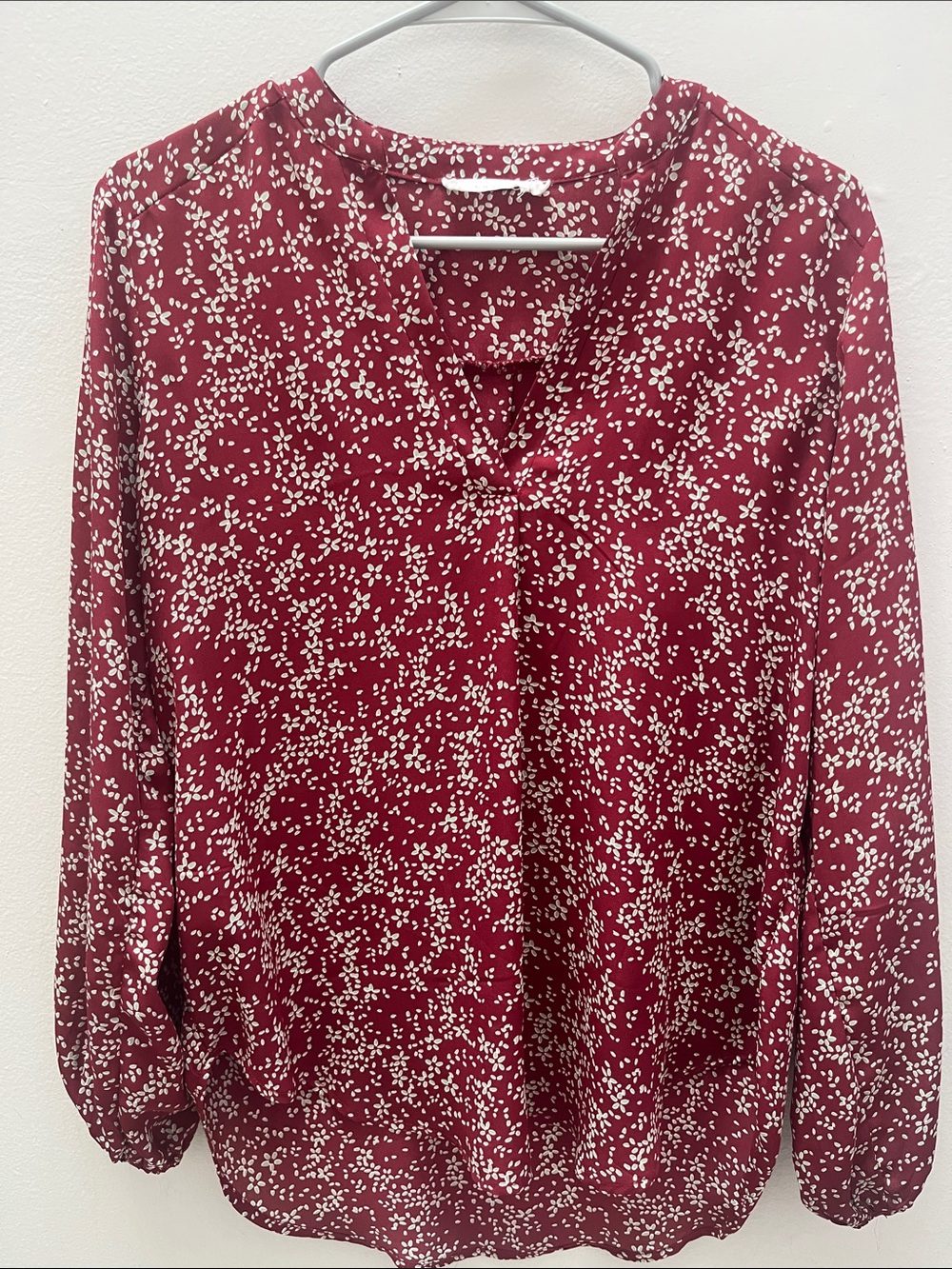 Lush Burgundy and White Ditsy-Print Long Sleeve Blouse
